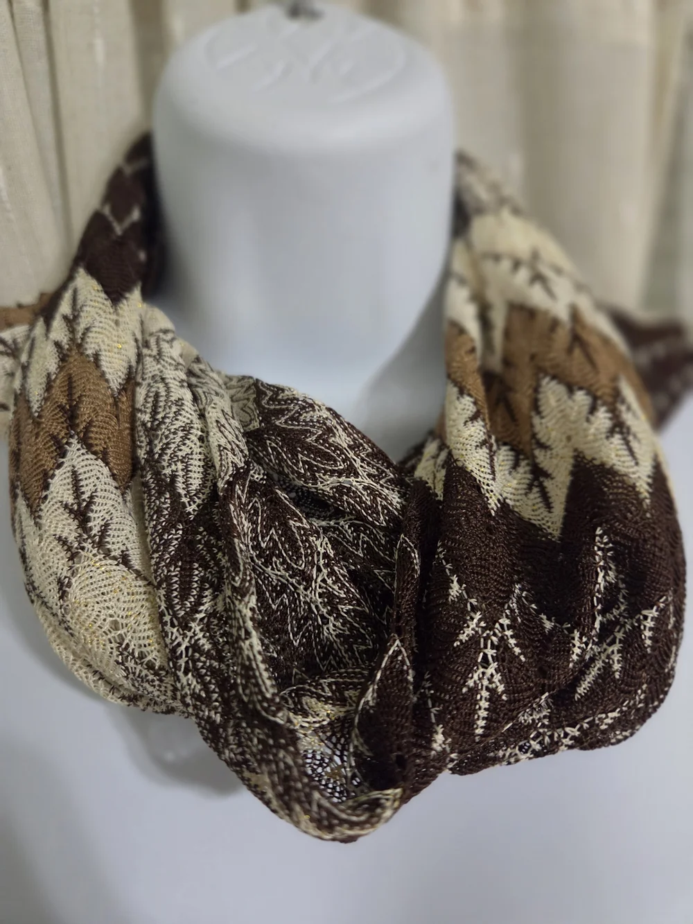 Women’s Brown & Cream Patterned Scarf with Gold Flecks